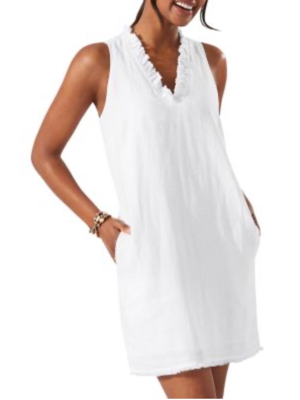 Tommy Bahama Two Palms Ruffled Bright White Linen Shift Dress V-Neck Size Medium